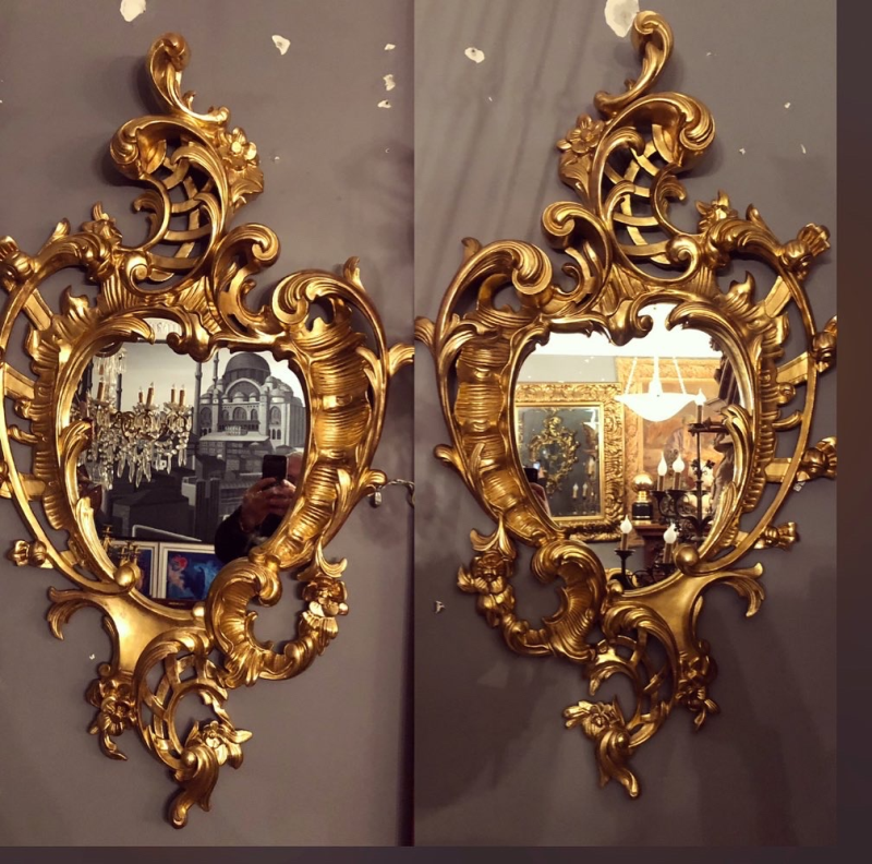 Fransız Eş Altın Varak,El Oyması  Rococo Ayna     France  Mirror 