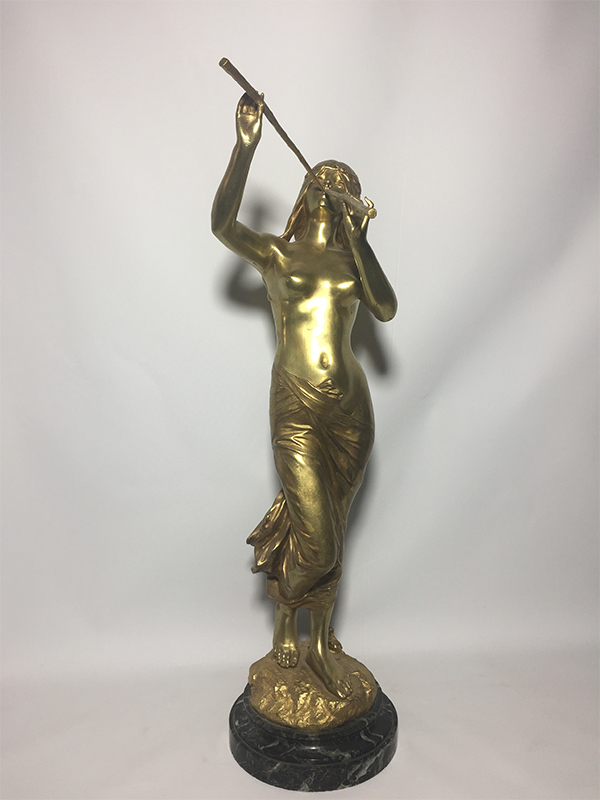 Fransız 1930 Fülüt Çalan Edouard Drouot İmzalı Bronz Kadın Heykeli